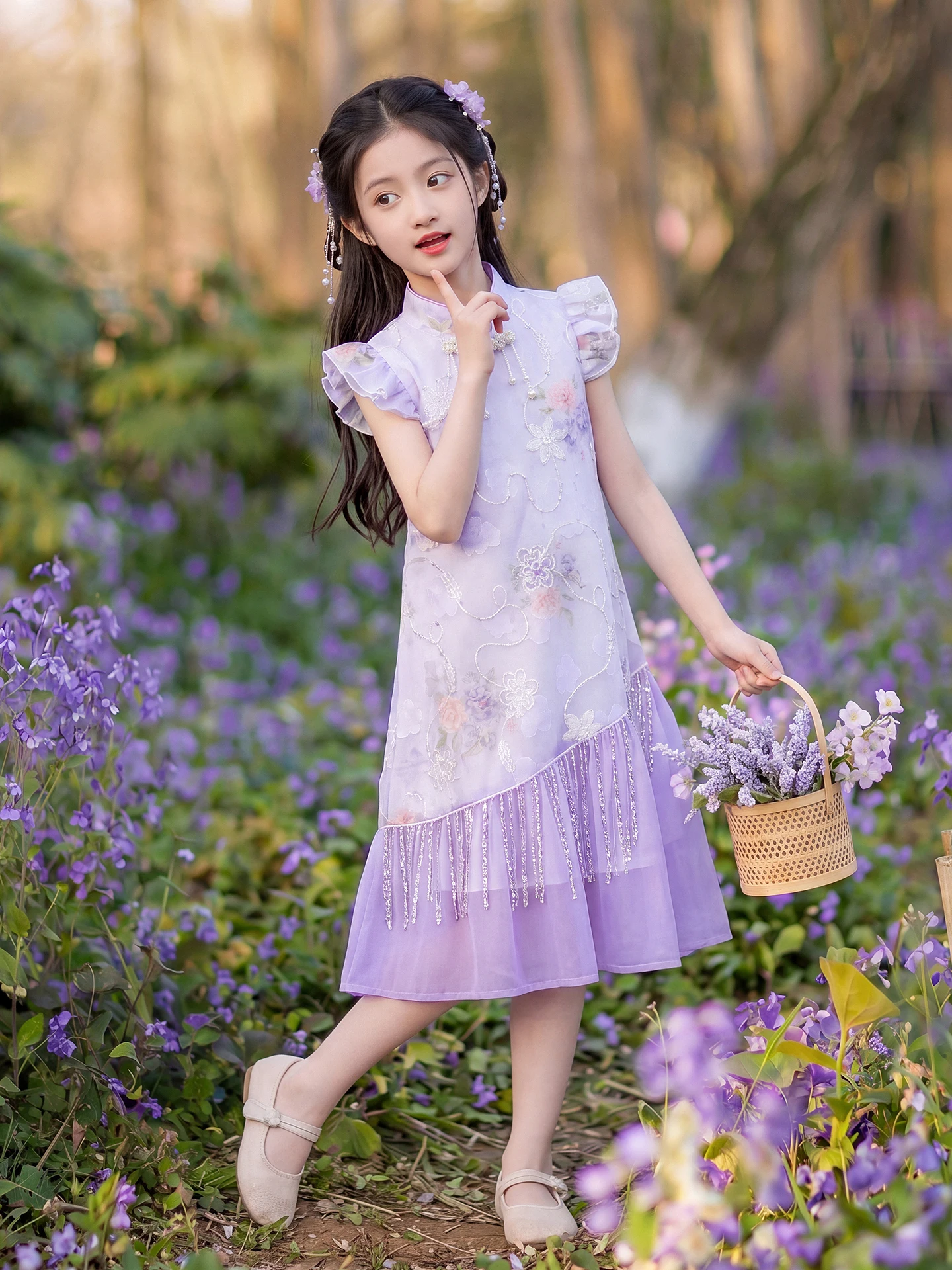 Novo Vestido Estilo Chinês para Meninas, Verão 2026, Saia Qipao com Franjas e Mangas em Camadas para Crianças de Médio e Gran...