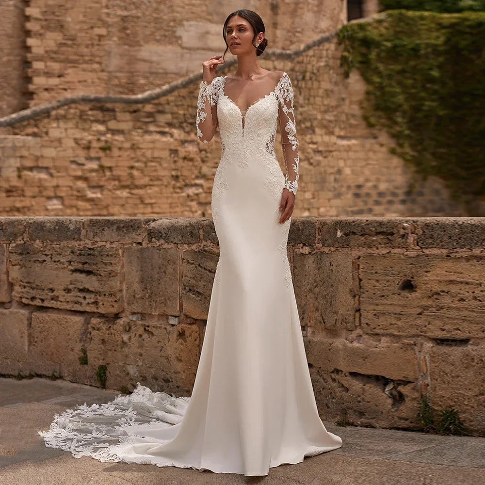 

MANRAY Wedding Dresses for Brides Mermaid Customized Illusion Appliques Long Sleeves V Neck Court Train Lace Bridal Gown