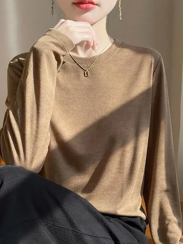 Spring Summer Thin round Neck Breathable Lyocell  Long Sleeve Women's Loose  Color Versatile Semi-Transparent Knit...