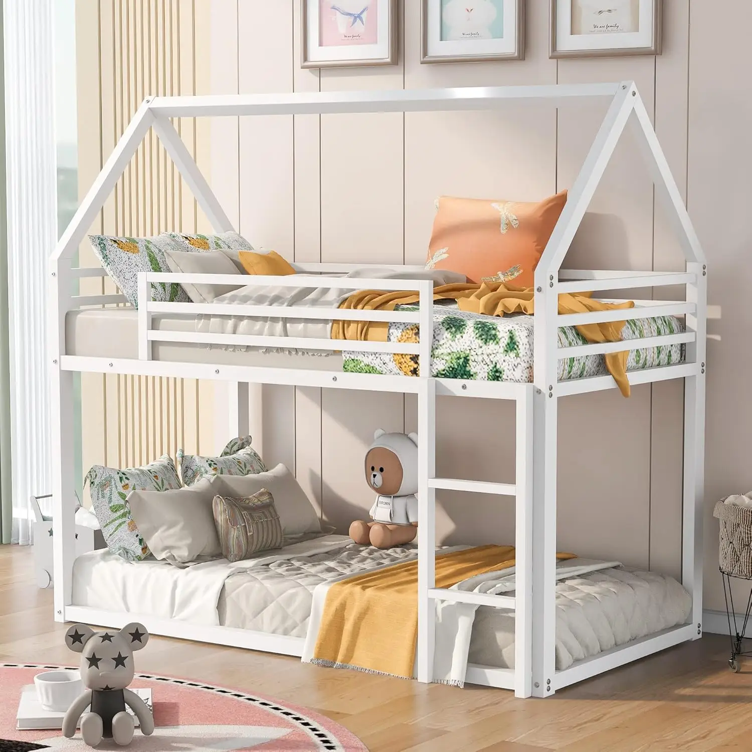 Bunk Bed Twin Over Twin Junior Metal Floor Bunk Bed With Ladder, House Shaped Bunk Bed Frame For Kids Boys Girls, No Box Spring