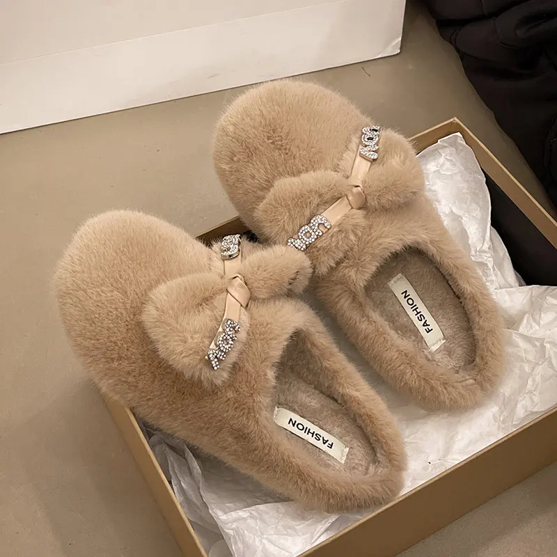 Luxury rhinestone design furry slippers Women Winter Thick Sole Plush Slippers Ladies Soft comfortable warm indoor home Slippers image 6