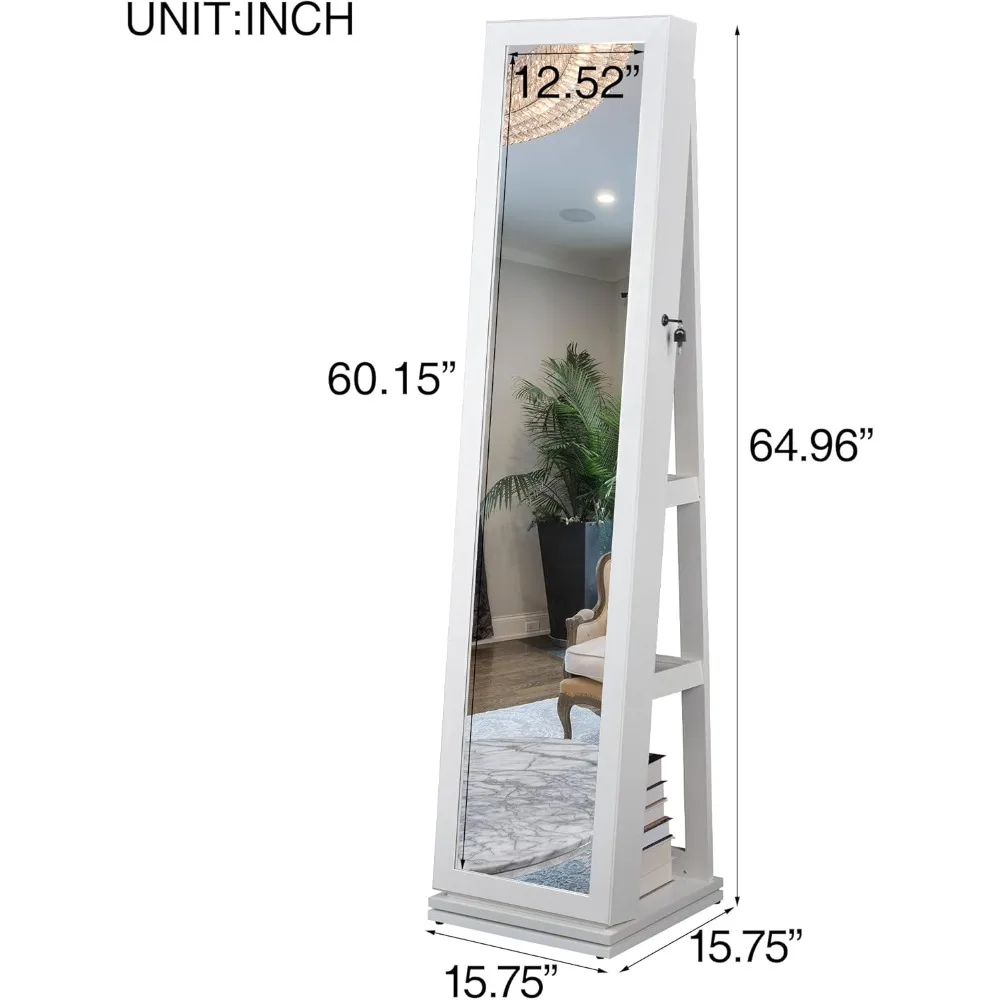 خزانة مجوهرات بمرآة، خزانة مجوهرات دوارة 4 في 1 مع 360 درجة ° قائمة دوارة قابلة للقفل، أرفف تخزين خلفية، داخل صغير