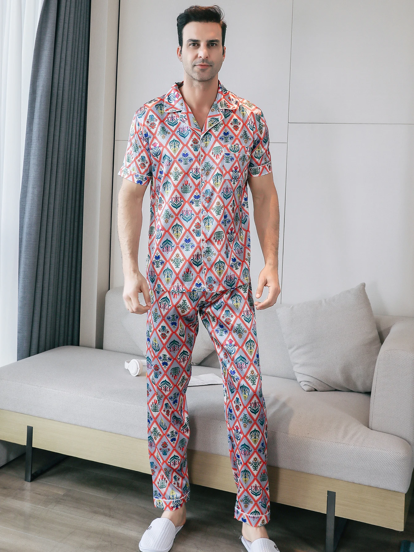 Two piece sets for men's pajamas summer short sleeved pants floral printed home clothes sleepwear set