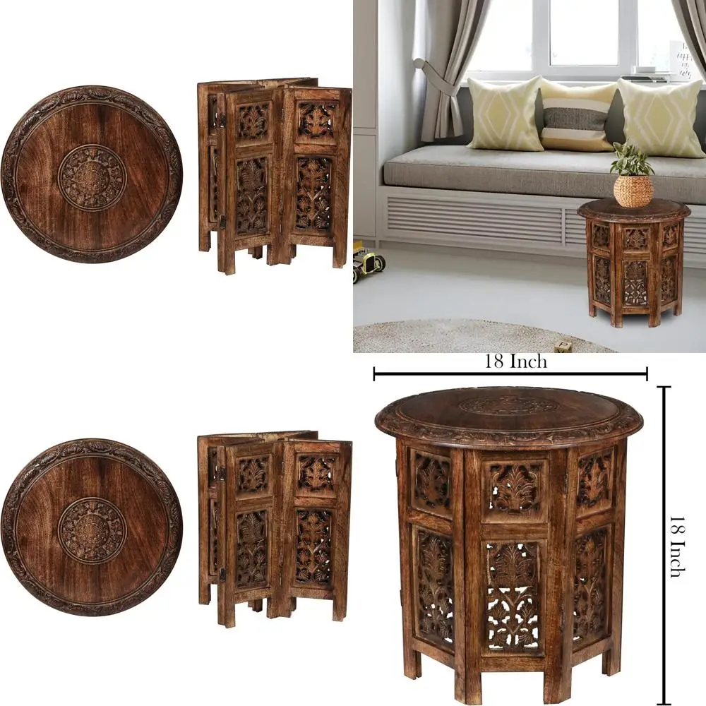 

Octagonal Carved Traditional Accent Table, Small Space Living Room, 18 Inch Antique Burnt Round End Table