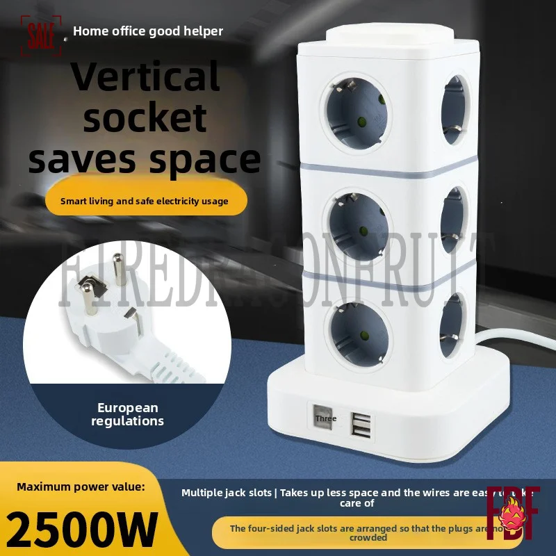 

Heavy Duty European Style Tower Power Extension Cord 4 AC Sockets and 2 USB Charging Ports German French Russian Homes