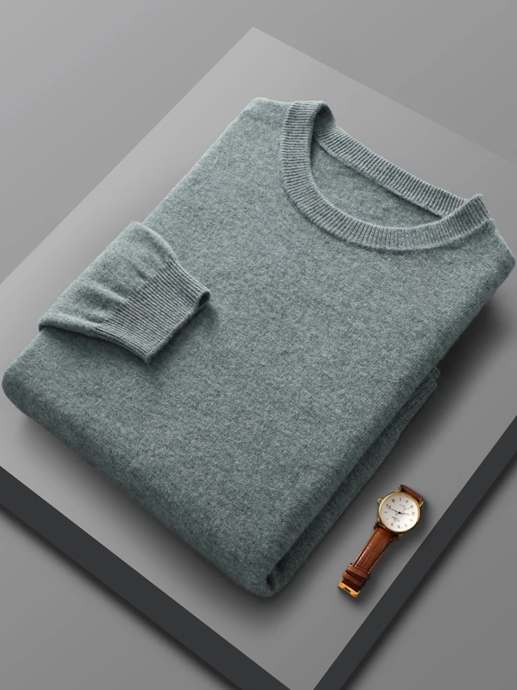 Autumn Winter Men O-neck 100% Merino Wool Pullover Cashmere Sweater Basic Casual Bottom Business Knitwear Soft Warm Clothing