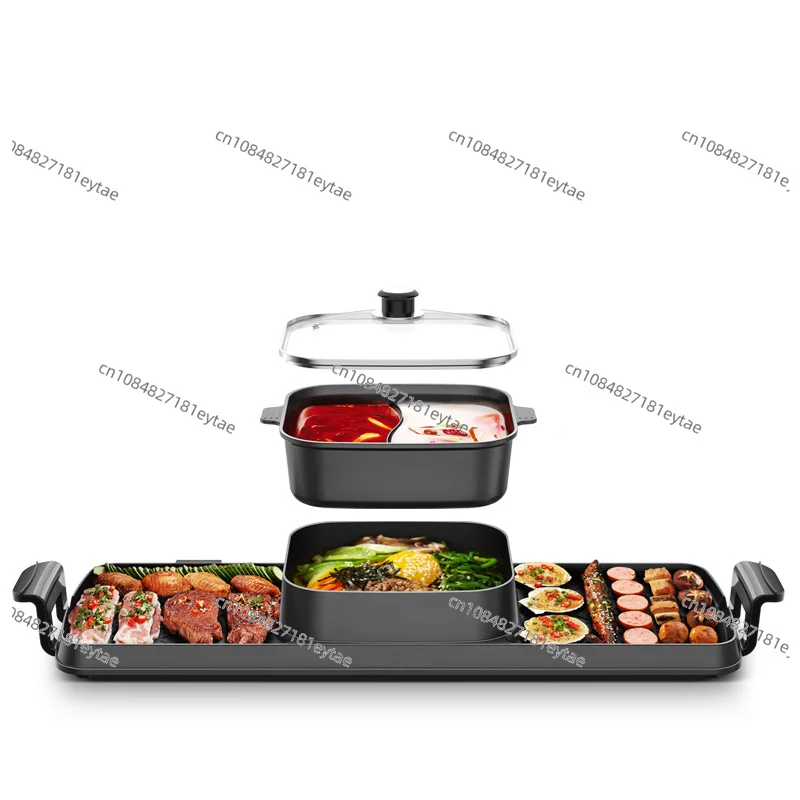 Electric Smokeless BBQ Grill with Hot Pot, 2-in-1 Korean BBQ & Shabu Shabu Grill with Dual Temperature Control for Home