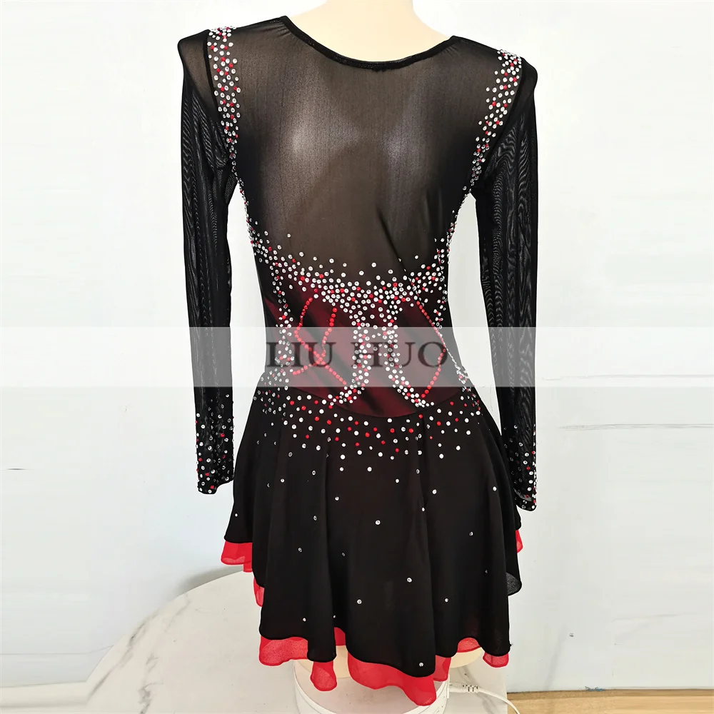 LIUHUO 女性 Aldult ティーンガールカスタマイズコスチュームパフォーマンス競技レオタードアイスフィギュアスケートドレスダンスブラックレッドローラー