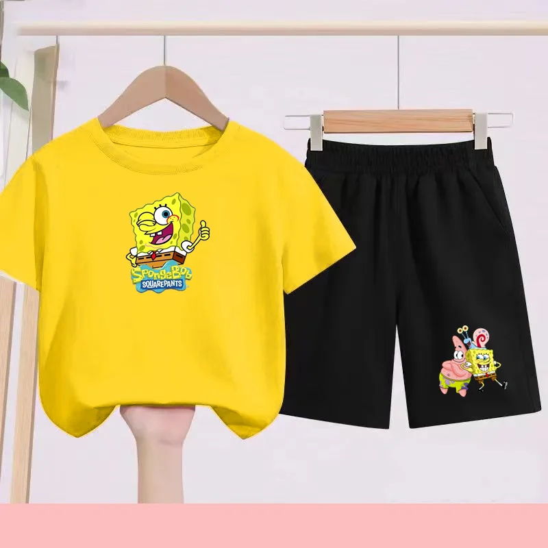 

Cute SpongeBobs T-shirt+Shorts 2piece Sets Kids Anime Round Role Boys Girls Casual Short Sleeve 3 -14years old Childern Clothing