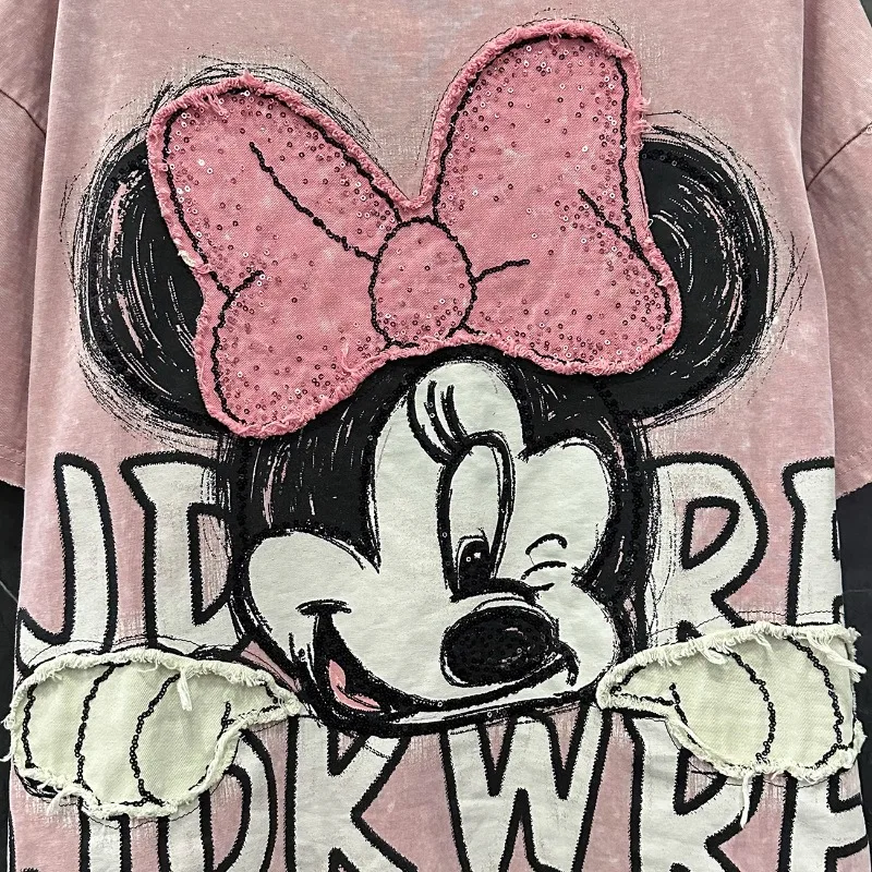 2025 verão indústria pesada novo dos desenhos animados em torno do pescoço de manga curta camiseta feminina solta casual estilo doce meia manga topo tshirt