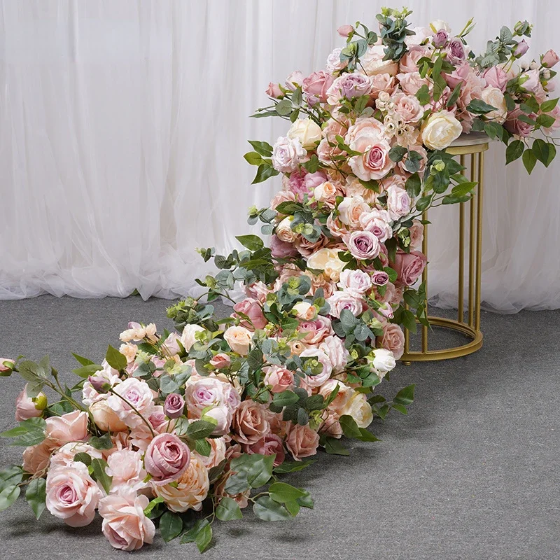 Wedding Decoration Flower Row Table Runner Artificial Rose Peony Green Plant Floral Arrangement Party Stage Decor Sofa Props