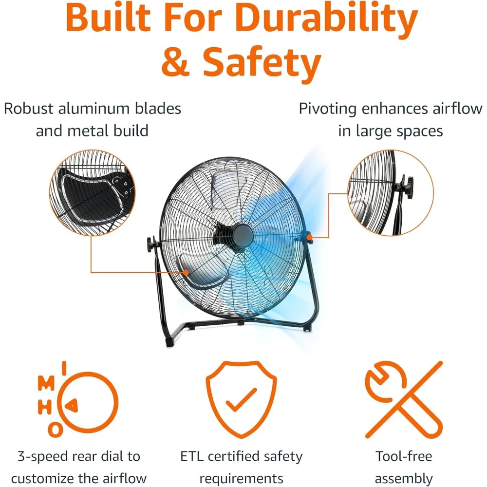 20-Inch High-Velocity Industrial Floor Fan, Metal Construction and Aluminum Blades, Ideal for Industrial & Commercial Spaces