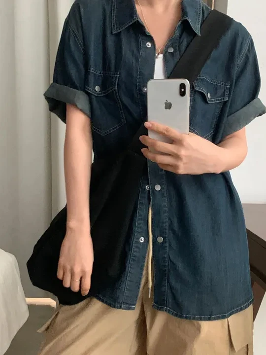 Chic Loose Women's Denim Short Sleeve Shirt Jacket Vintage Turn-down Collar Button-up Cardigan Top Korean Style Summer Fashion