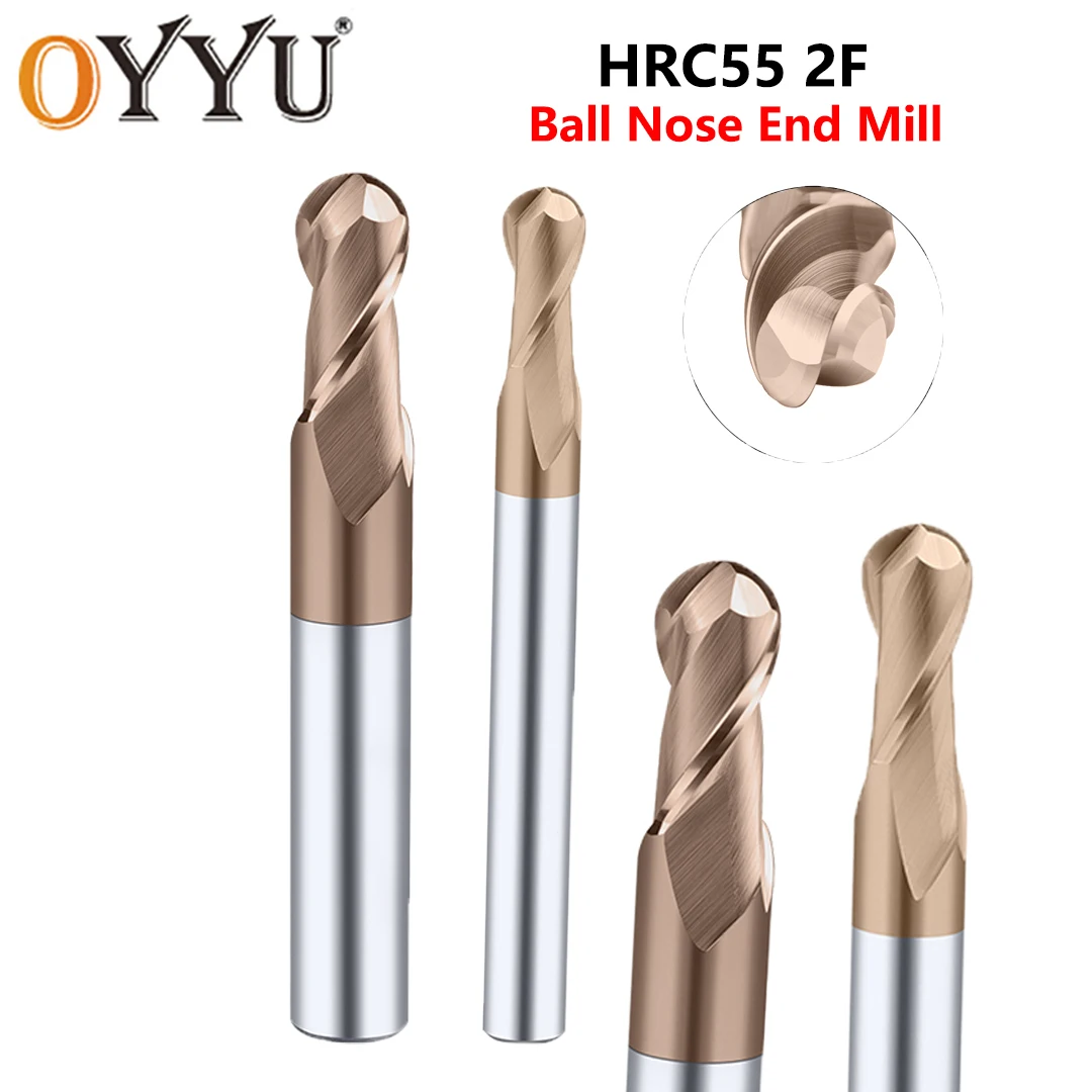 

OYYU Ball Nose End Mill Carbide Steel Cutter CNC Router Bit Milling Tools R0.5 R1 R2 R3 R4 R6 R8 R10 R12 HRC55 2 Flute Endmill