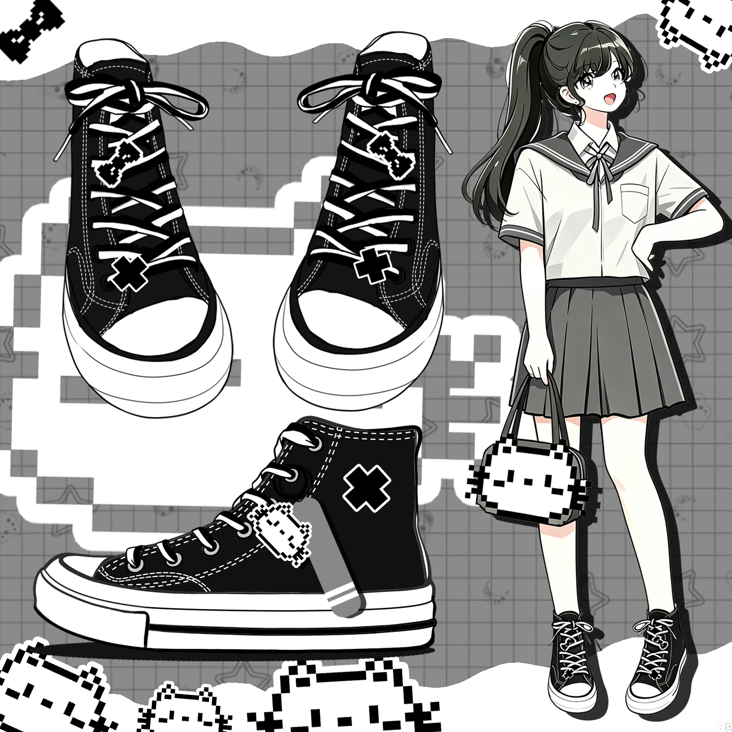 Amy and Michael Lovely Girls Students High Top Black Canvas Sneakers Cute Casual Anime Shoes AdorableWoman Vulcanized Shoes