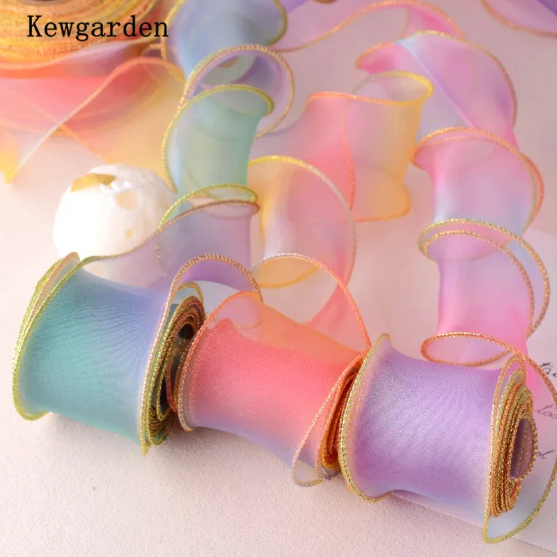 Kewgarden 6cm degrade renk dalga altın kenar organze kurdele çiçekler ve el sanatları için DIY saç yay aksesuarları el yapımı 30 metre