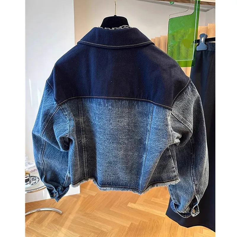 

Spring Gradient Color Denim Coat Women Vintage Autumn New Korean Fashion High Waist Short Jeans Jacket Female Streetwear T1470