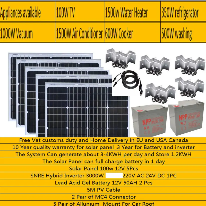 System solarny kompletny 3000W 220V 110V akumulator ładowarka Panel słoneczny 1000W hybrydowy falownik System wyłączony z sieci przyczepa samochód