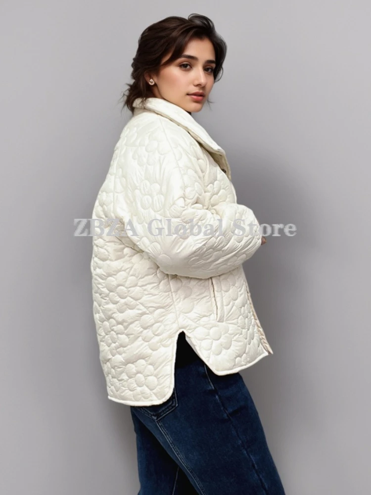 ZBZA Women Warm Flower Prints Jacket Coat Long Sleeve Stand Collar Elastic Cuffs Pocket Quilting Overcoat Winter New Female Coat