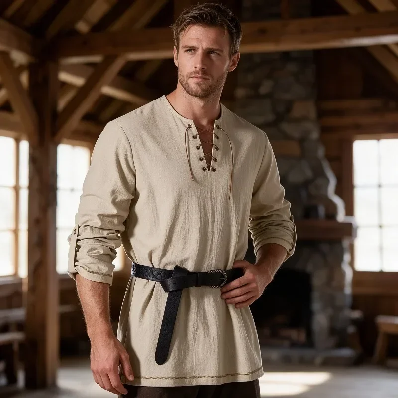 Men Medieval Lace Up Long Sleeve Shirt With Belt, Renaissance Viking Pirate Tunic Top Halloween Cosplay Costume