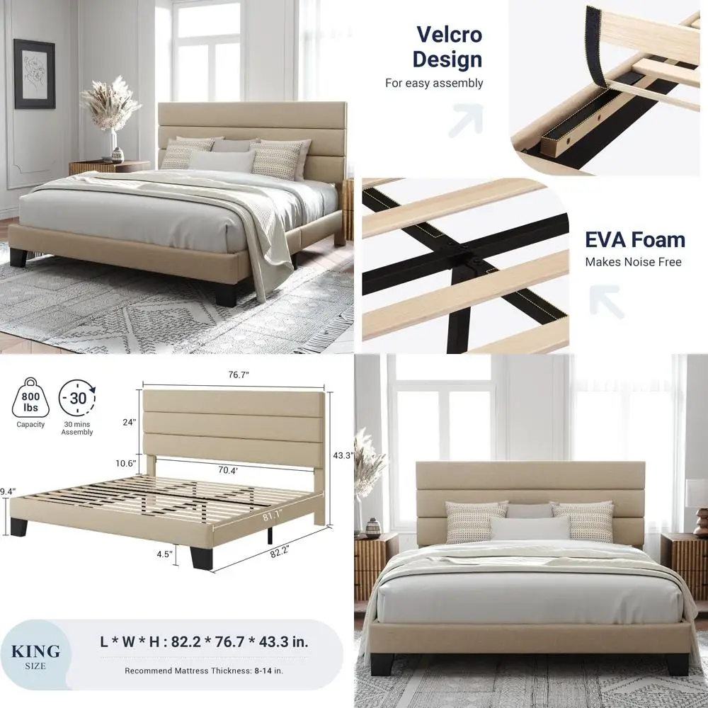 

Кровать-платформа размера King Size с тканевой обивкой и деревянными ламелями, полностью обитый тканью основание для матраса, не требует пружинного блока, простая сборка