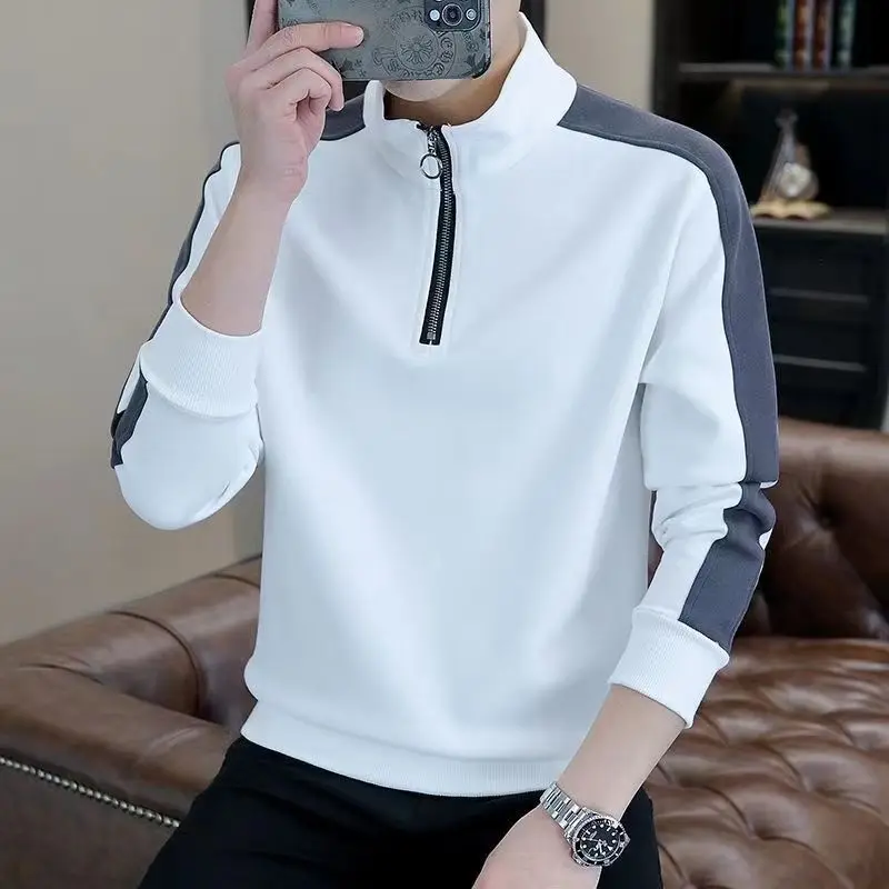 2024 New Spring and Autumn Leisure Simple and Loose Oversized Standing Neck Half Zipper Color Block Long Sleeved Sweater for Men