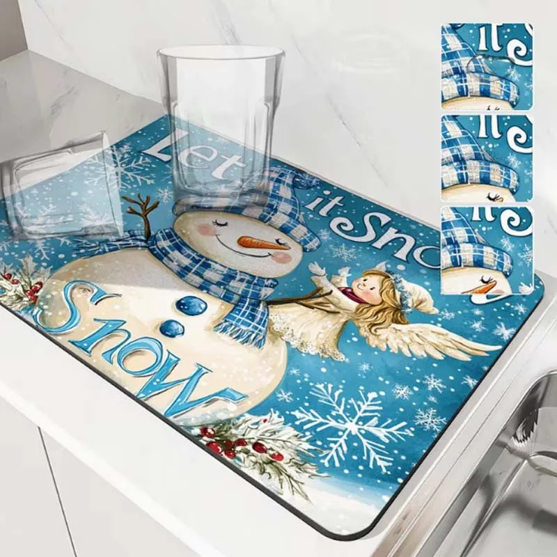 Blue Christmas Snowman Mat Absorbent Let It Snow Placemat Non-Slip Rubber Angel Counter Dish Drying Pad