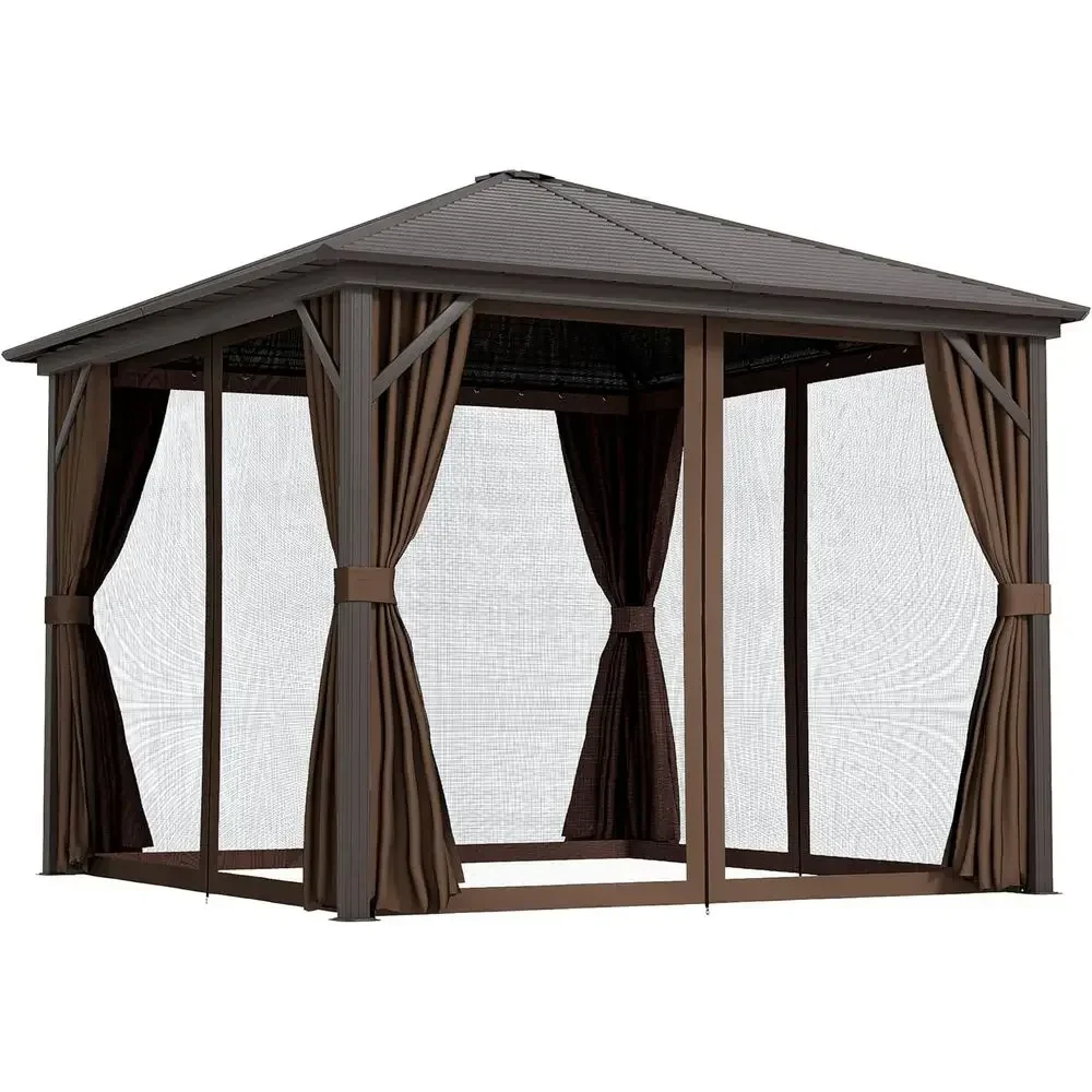 10' x 10' Hardtop Gazebo with Galvanized Steel Roo, e, Permanent Pavilion Outdoor Gazebo with Hook, Netting and Curtains or Pati
