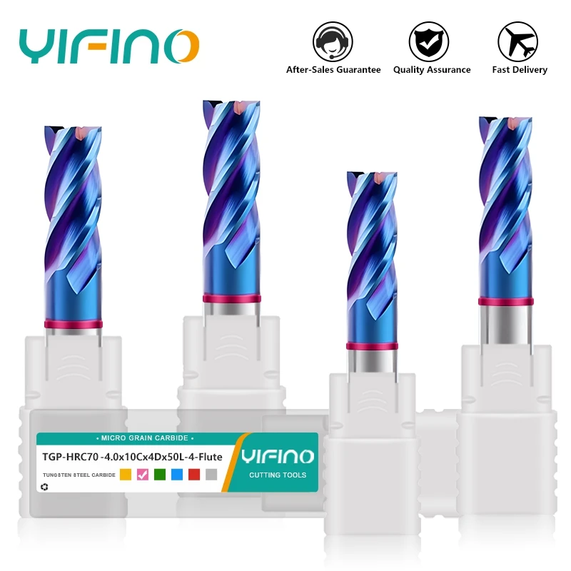 YIFINO TGP-HRC70 4F Color Circle Flat End Mill Tungsten Steel Carbide Blue Coating Milling Cutter CNC Machining Endmills Tools