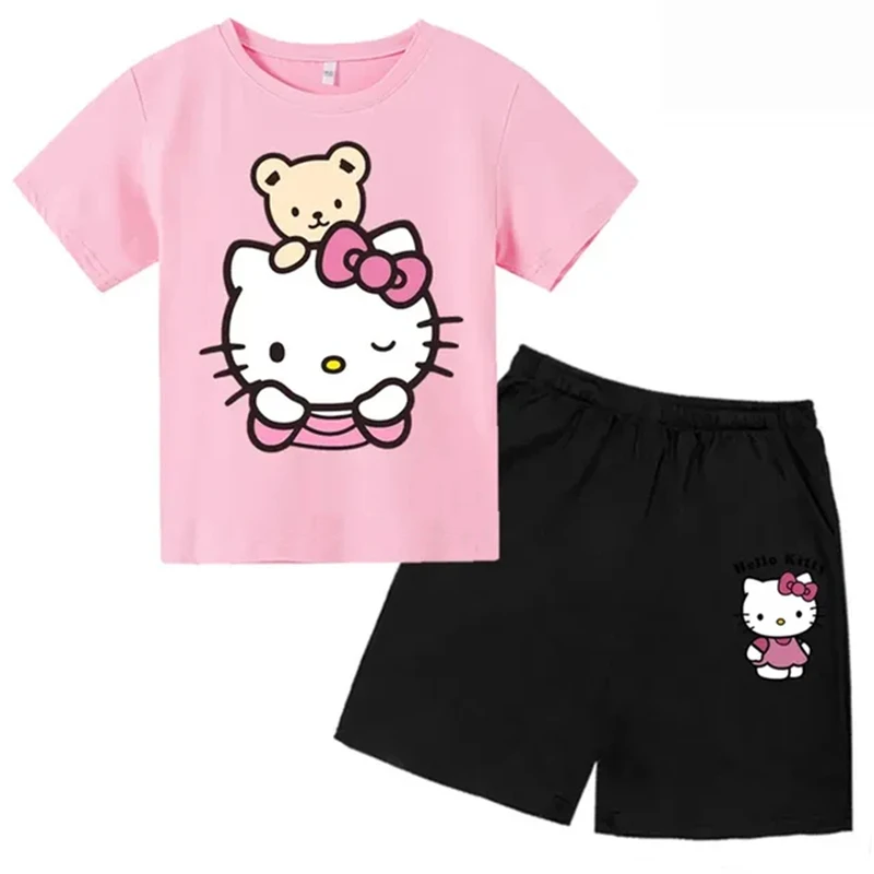 Summer Kids T-Shirt+Shorts Sets Hello Kitty Children 2-12 Years Boys Girl Clothes Round Neck Print Casual Cotton Short Sleeve