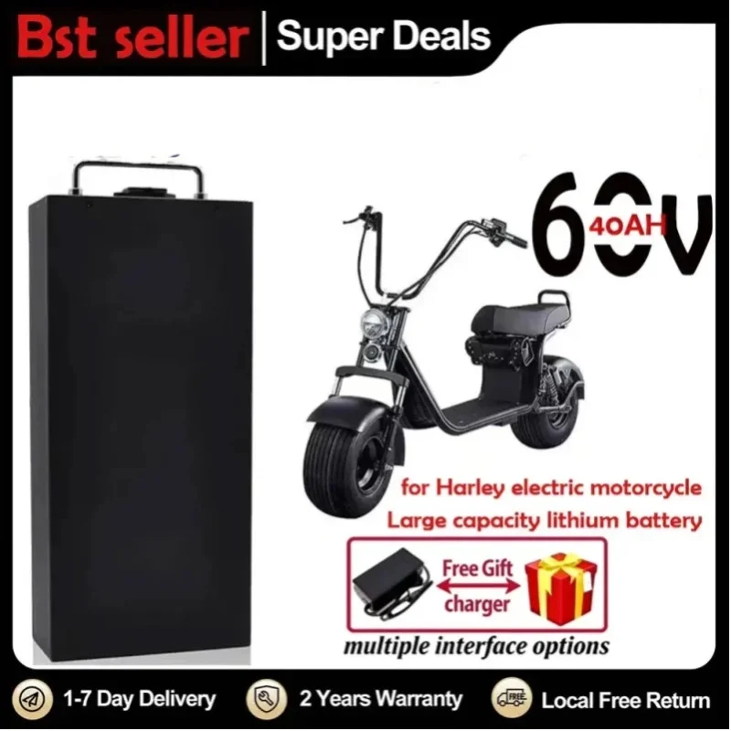 60V 40Ah Li-Ionen-Akku für Elektromotorräder, 2000W, für Harley zweirädrigen, faltbaren Citycoco Elektroroller, kostenloses Ladegerät