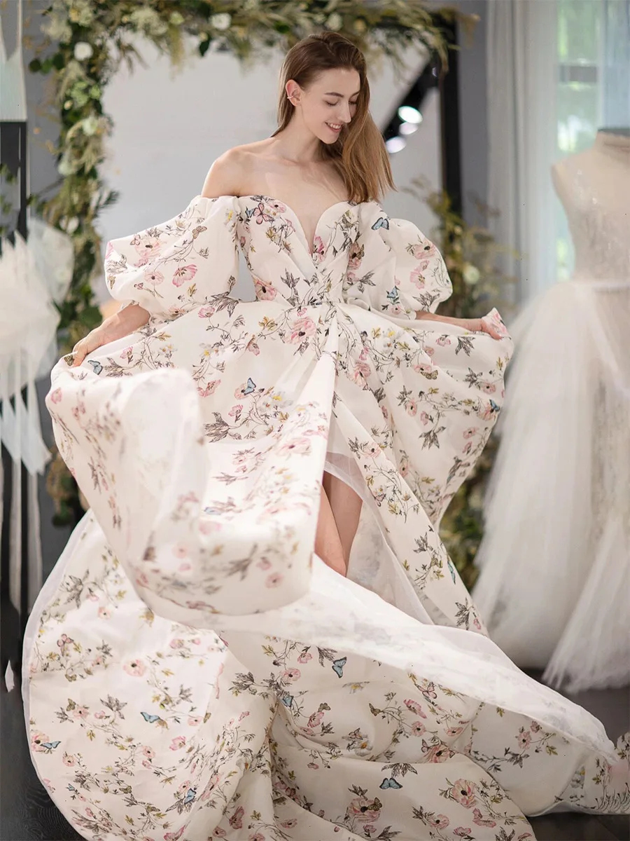 Tanya Floral Print Wedding Dresses V-Neck Off The Shoulder Puffy Sleeves Bridal Gowns Pretty Vestidos De Noiva Customize SWD489