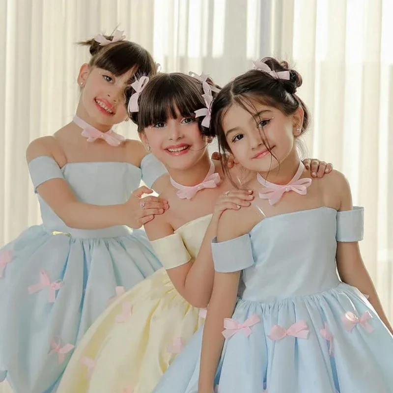 사용자 정의 캐주얼 연회 공주 가운 사용자 정의 꽃의 소녀 드레스 핑크 활 짧은 소매와 새틴 결혼식 생일 파티