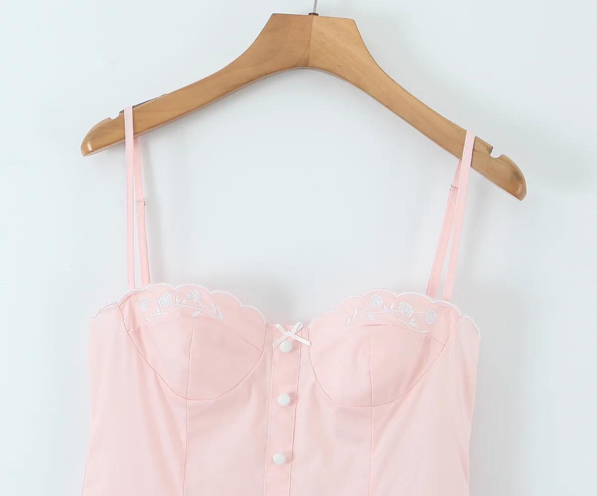 2025 rosa bordado floral sutiã espartilho estilo estilingue vestido feminino zíper de volta 2 camadas onda hem festa skater mini vestidos robe