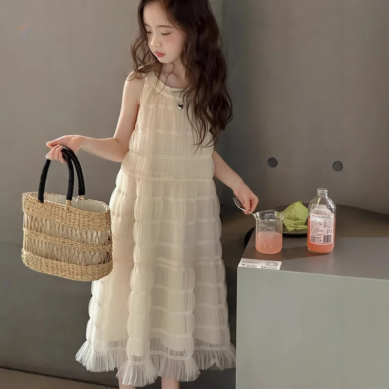 

Baby Girls' Summer New Style Children's Stylish Sleeveless Vest Dress Mesh Solid Color Princess Long Dress