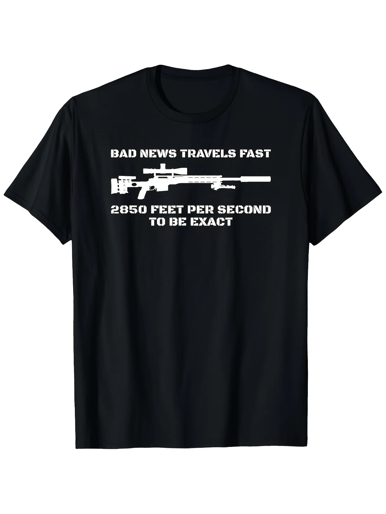 2026 Funny Sniper Rifle Graphic T-Shirt - Heavyweight Sm  Humor Tee with Bad News Travels Fast Sniper Rifle Design - Black Casua