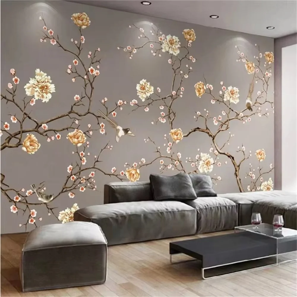 خلفية مخصصة ثلاثية الأبعاد صورة جدارية كبيرة عادي ماغنوليا الصينية رسمت باليد الطيور تلفزيون حائط الخلفية اللوحة خلفيات ديكور المنزل