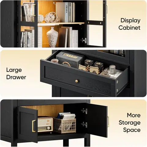 Svart modernt välvt förvaringsskåp med glasdörrar och automatiska LED-sensorer för vardagsrum, sovrum, kontor, kök 8 best sales skåp med glasdörr - №4