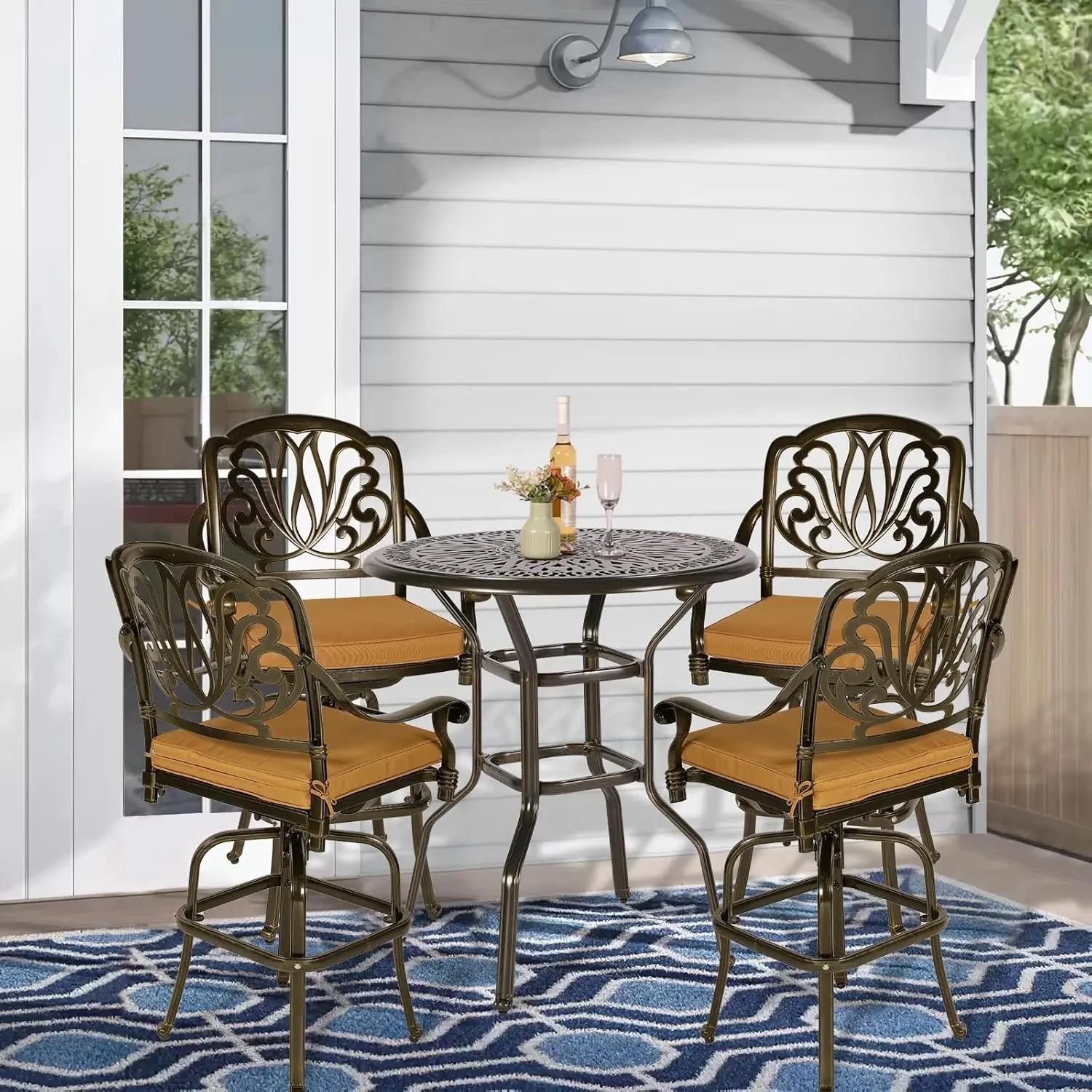 

Floral Series Outdoor Patio Swivel Bar Stools, Cast Aluminum Bar Height Bistro Chairs, Outdoor Furniture Dining Chair Set