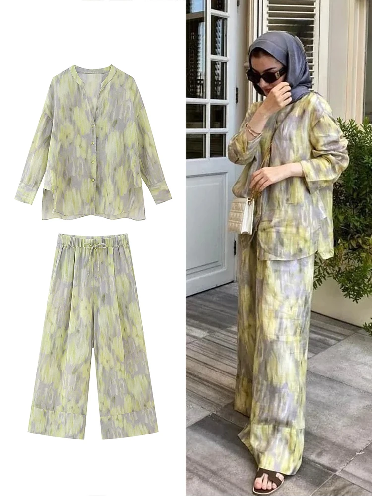 ZABA Women\'s Tie-Dye Printed Set Lapel Shirt Asymmetric Button Long Sleeve Shirt and Casual High-Waisted Loose Wide-Leg Trousers