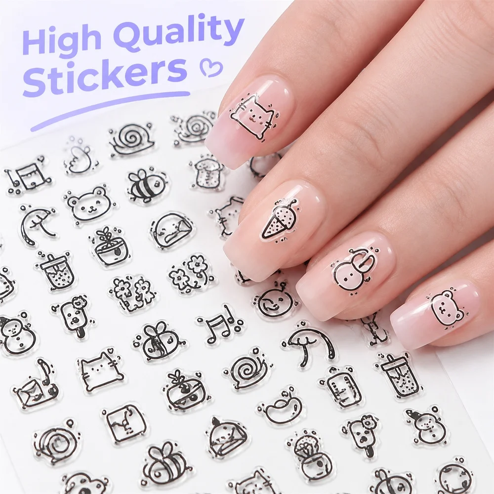 1Pc 5D Raised Self‑Adhesive Nail Decals Cute Hand‑Sketch Cat Bear Snail Design Stickers For Home & Salon Nail Art Supplies