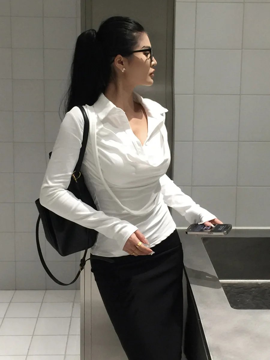 

Пряная девушка с распашным воротником из двух частей с длинным рукавом женские весенние новые тонкие модные топы на пуговицах дизайнерская рубашка женская 6E6P