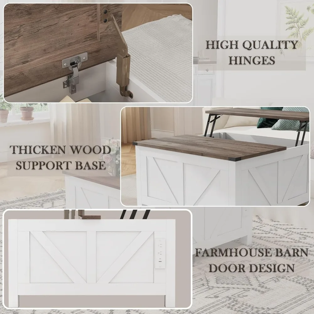 طاولة قهوة المزرعة مع سطح رفع مع منظم تخزين مخفي، طاولة قهوة مربعة الشكل لغرفة المعيشة مع شاحن #6