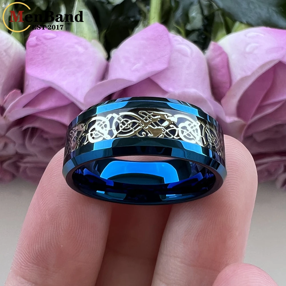 MenBand New Style 8MM Blue Tungsten Carbide Wedding Band Rings Gold Color Dragon And Carbon Fiber Inlay Comfort Fit