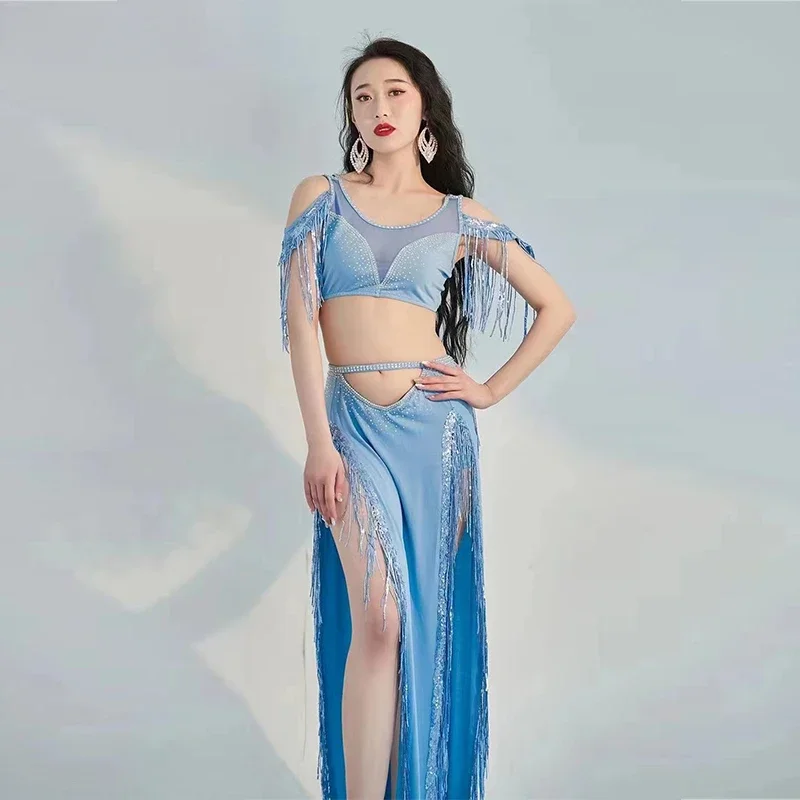 Belly Dance Professional Costumes Set Female Shining Performance Clothing Short Sleeves Top+long Skirt 2pcs Oriental Dance Wear