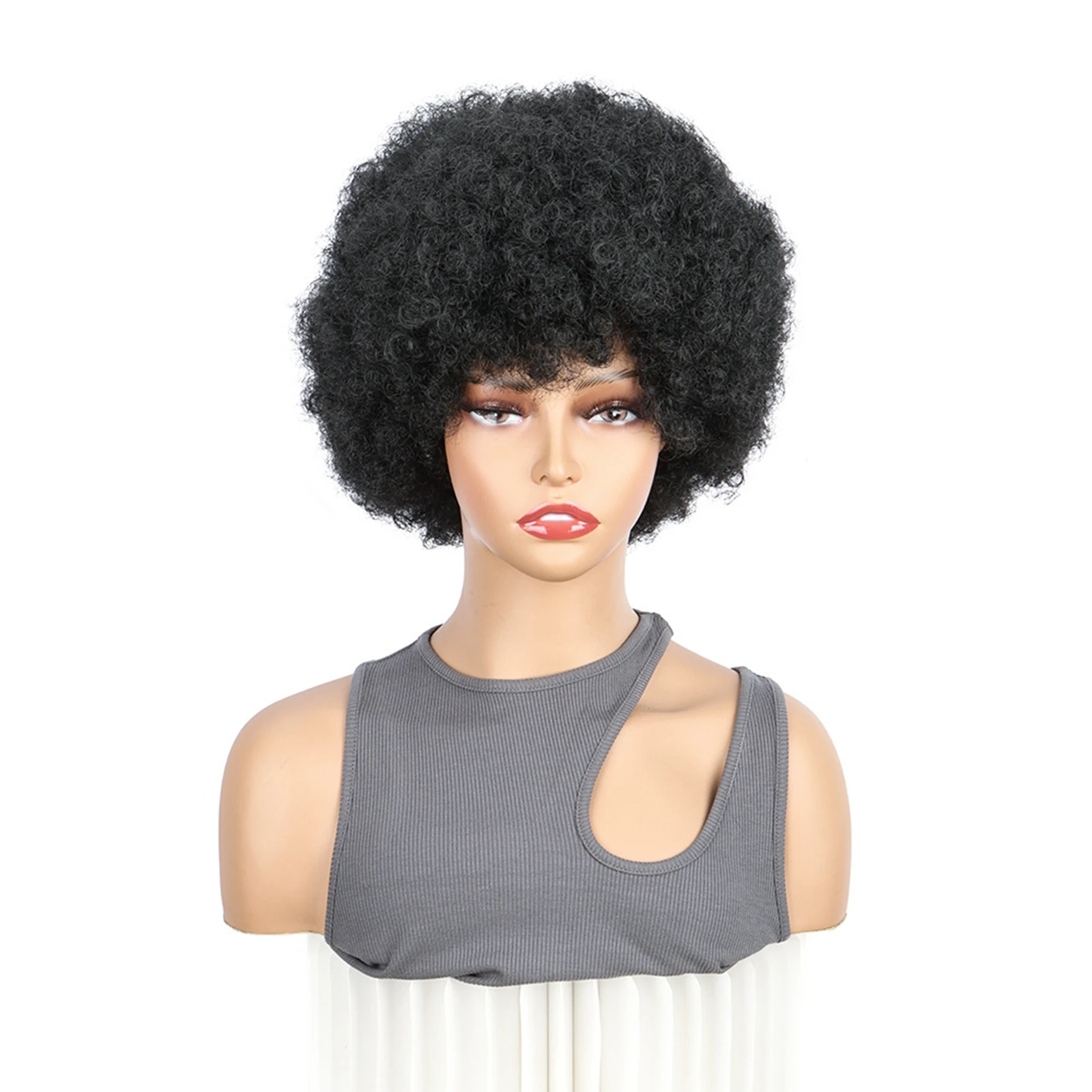 

Short Afro Wigs for Black Women Kinky Curly Wigs Natural Looking Synthetic Wigs with Bangs