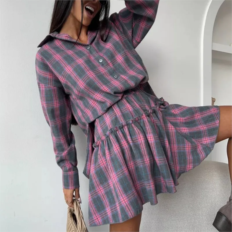 Retro Lapel Shirt Ruffle Short Skirt Sets Women Fashion Long Sleeve Tops Mini Skirts Two Piece Set Female Preppy Lady Outfits