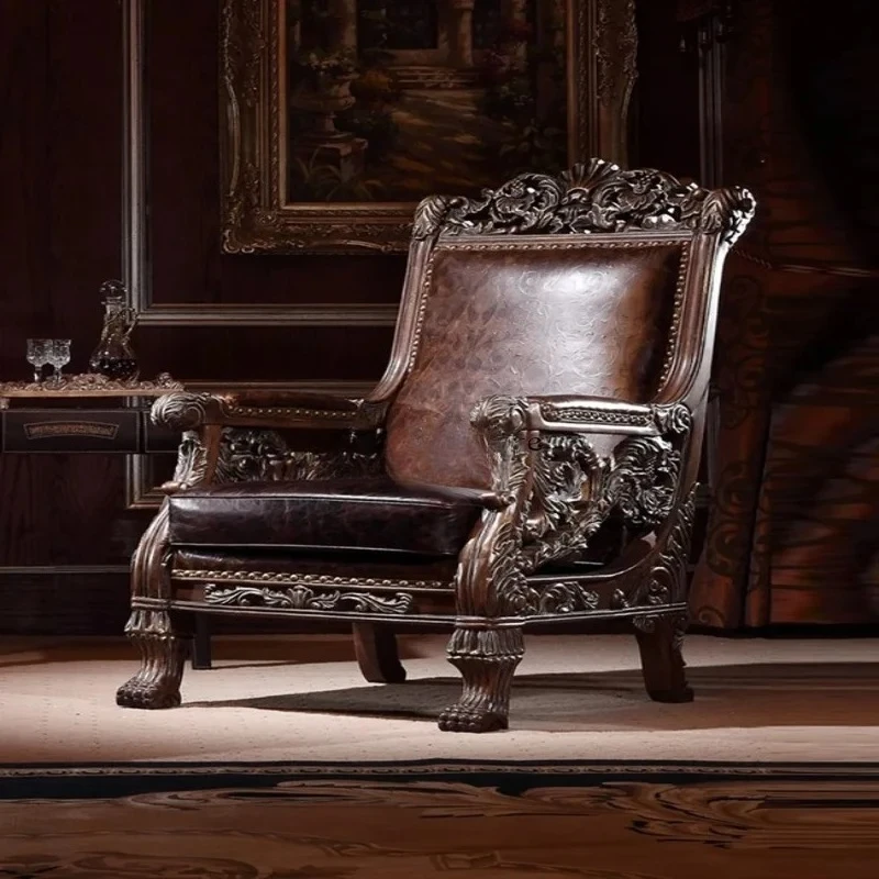 European Leather Sofa with First Layer Cowhide and American Retro Solid Wood Design - High-End Classic Furniture