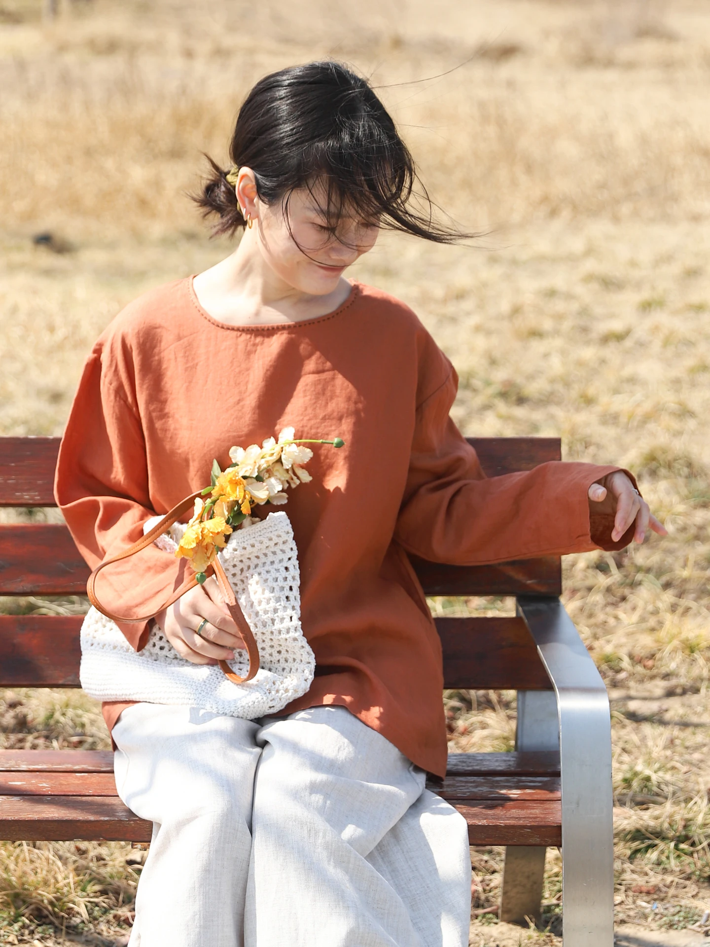 

Женская льняная рубашка Autumn Wheat Valley, оранжевая с белым, свободного кроя, с длинным рукавом, круглым вырезом, простая, универсальная, топ