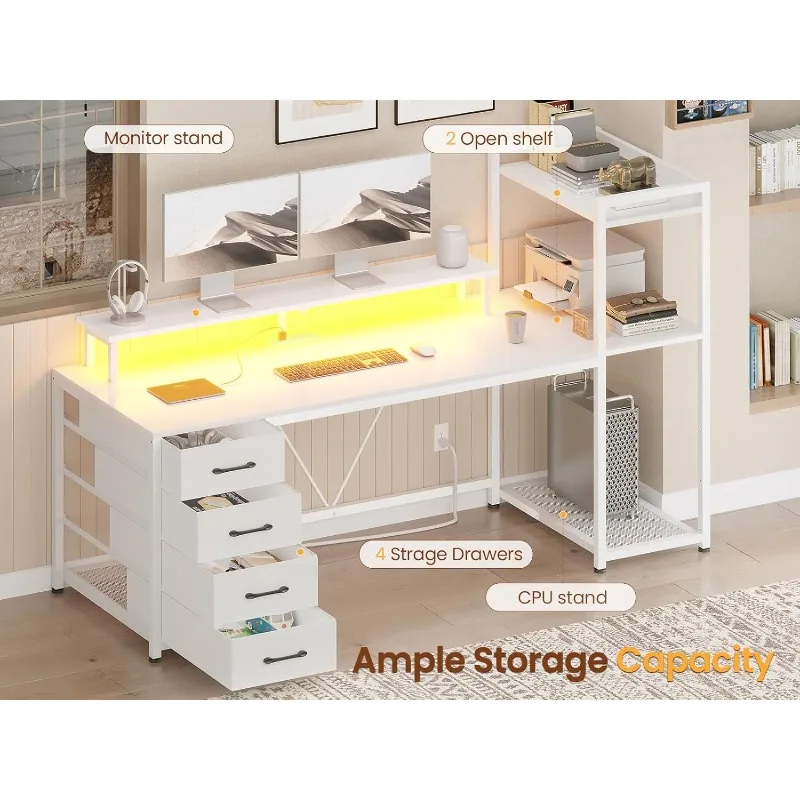 Mesa de computador SEDETA 55" com 4 gavetas e prateleiras, mesa de jogos com luzes LED e tomadas elétricas, mesa de escritório doméstico